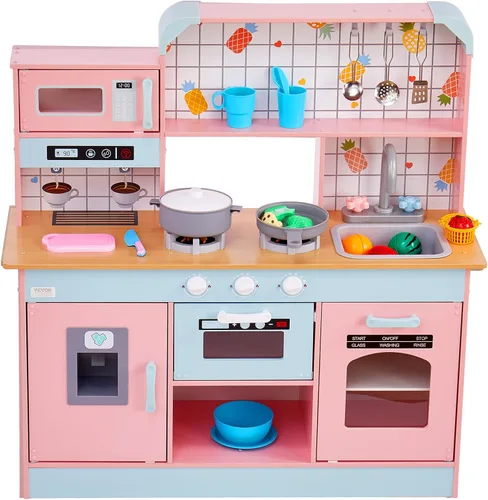 Vista 9 de VEVOR Cocina de Juguete de Madera, Cocina de Juego para Niños con Luces y Sonidos, Cocina Infantil con Máquina de Hielo, Horno, Fregadero