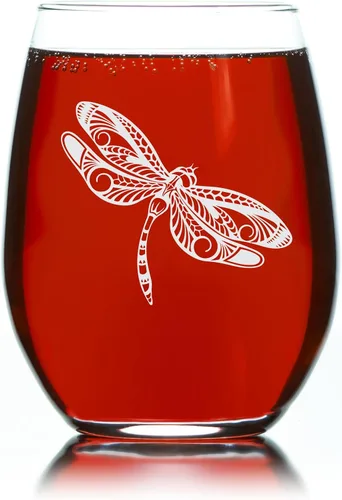 Vista 4 de C M Copa de vino sin tallo con diseño de libélula, 17 oz - Regalo con temática de libélula para hombres y mujeres Temática de libélula, regalo