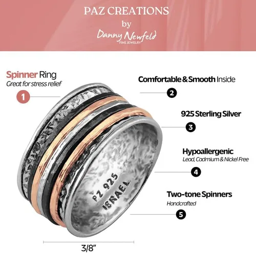 Vista 3 de Paz Creations - Anillos giratorios de plata de ley 925 para mujeres y hombres, anillo de meditación de banda gruesa con patrón martillado, joyería