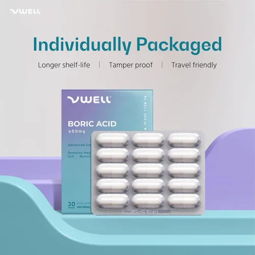 Vista 5 de Supositorios vaginales de ácido bórico VWELL - Mantiene y equilibra el pH vaginal saludable y el microbioma para manejar el olor, picazón, ardor e