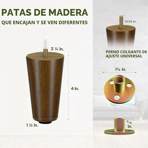 Vista 4 de Yes4All Juego de 4 Patas de Muebles de Madera Redondas de 4 Pulgadas - Pies de Repuesto de Madera para Sofá, Cama, Banco - Patas Cónicas Ajustables