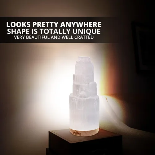 Vista 5 de Himalayan Glow Lámpara de cristal selenita de 7.9 in, grande, curvada a mano, con base de madera (certificado ETL) y cable de carga USB