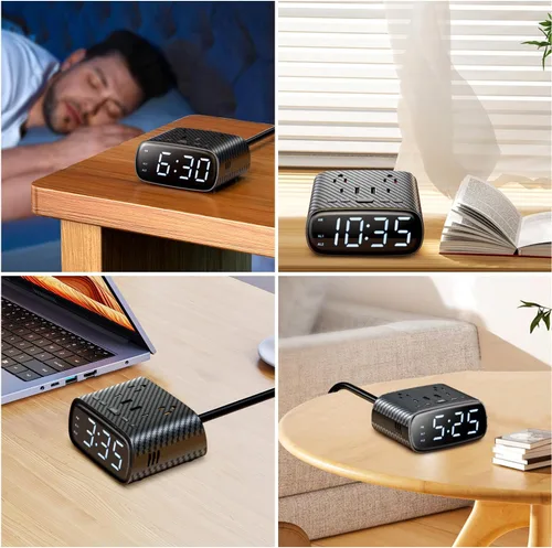 Vista 7 de Sussex Reloj despertador con 2 USB-C, 2 cargadores USB-A, 2 tomas de corriente, 2 tomacorrientes, pantalla LED, reloj digital regulable con función