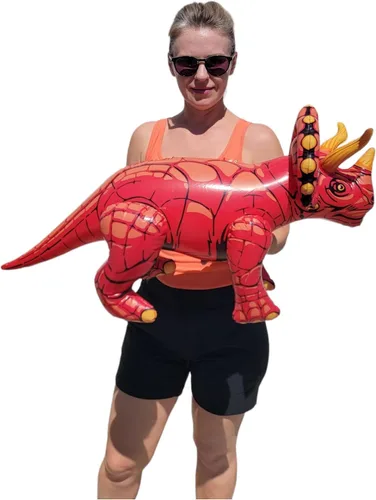 Vista 2 de Surtido inflable de dinosaurios coloridos (alrededor de 24 pulgadas) de Apatosaurio inflable para fiesta, pterodáctilo, raptor, T-Rex, triceratops