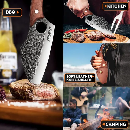 Vista 9 de Huusk Sharp - Cuchillo pequeño para carne, con funda de cuero, cuchillo de campamento para cocinar al aire libre, regalo vikingo