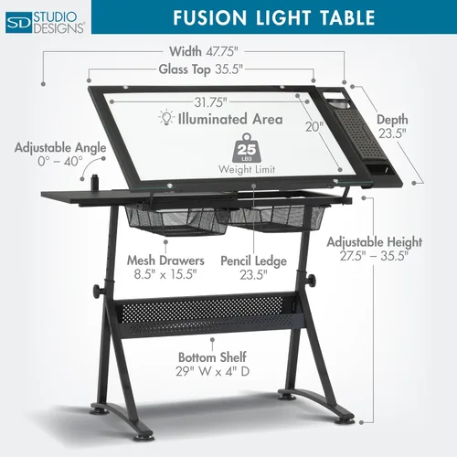 Vista 3 de Studio Designs Fusion Drafting Table with Integrated LED Light Pad, Height & Angle Adjustable Tempered Glass Light Table, Artograph Light Pad