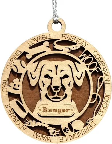 Vista 29 de Adorno de Navidad personalizado para perro Cavalier King Charles Spaniel, redondo de 3 pulgadas, madera cortada con láser de 2 capas, nombre y texto