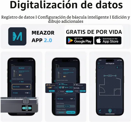 Vista 5 de HOZO NeoRuler Regla de Escala Digital, Regla de Escala Inteligente de 12 pulgadas con Escalas Personalizadas Infinitas y Precisión de ±0.004