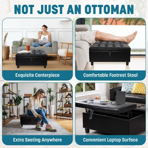 Vista 9 de Naomi Home Ciara - Banco otomano tapizado de cuero negro de 35 pulgadas, mesa auxiliar cuadrada grande de almacenamiento, caja de juguetes, taburete