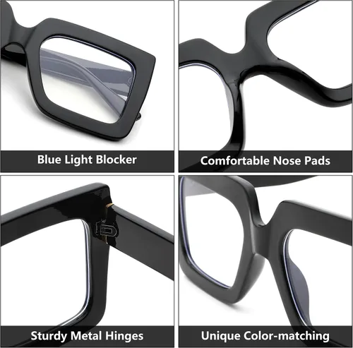 Vista 4 de Gafas de luz azul de gran tamaño para mujer, marco cuadrado grueso, elegantes gafas sin receta A5 Negro + Azul