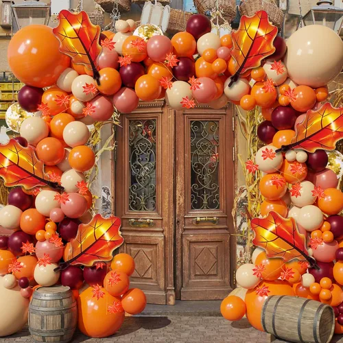 Vista 5 de Kit de arco de globos de Acción de Gracias, kit de arco de globos de otoño de 167 piezas, globos de confeti de color naranja, burdeos, oro rosa