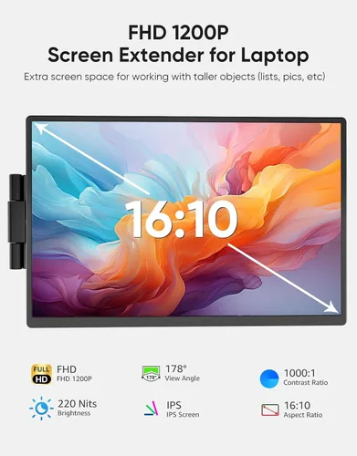 Vista 2 de Extensor de pantalla para laptop, monitor portátil externo FHD 1200P IPS de 14 pulgadas para laptop, monitor de pantalla dual Plug & Play