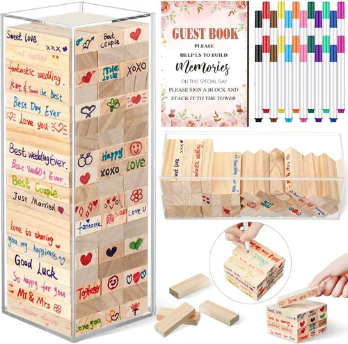Vista 15 de Beeveer 80 piezas Libro de invitados para boda alternativo en bloque de madera para cartel de boda, decoración de despedida de soltera, 54 piezas