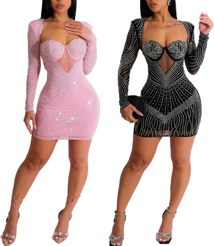 Vista 4 de PORRCEY - Vestido de noche sexy con manga larga y diamantes de imitación para mujer, fiestas y discotecas