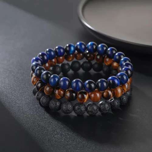 Vista 8 de RANKEEF - Pulsera de ojo de tigre para hombre, elástica, ajustable, cuentas de vidrio color negro, 516 de pulgada