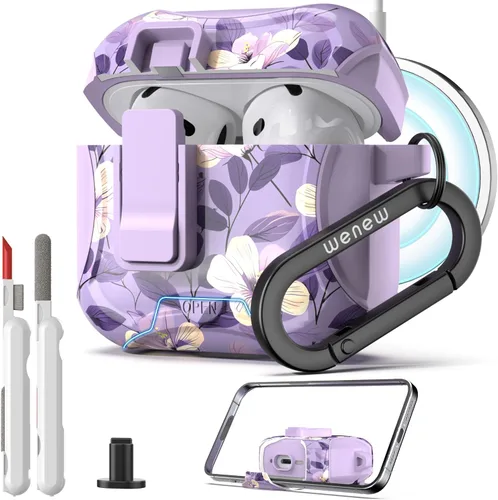 Vista 9 de wenew Funda compatible con AirPods Pro de 2ª/1ª generación con soporte para teléfono, limpiador, clip, compatible con Magsafe, funda de carga