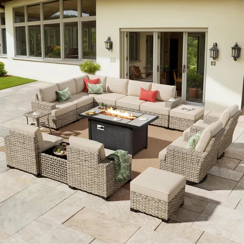 Vista 30 de HOOOWOOO Juego de Muebles Seccionales para Patio al Aire Libre, 6 Piezas Juegos de Conversación de Mimbre Sofá en Forma de L, Sofá Extra Profundo