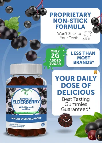 Vista 4 de Lunakai Paquete de gomitas de vitamina D3 y saúco, suplemento de apoyo para la inmunidad, los huesos y el estado de ánimo para adultos y niños, sin