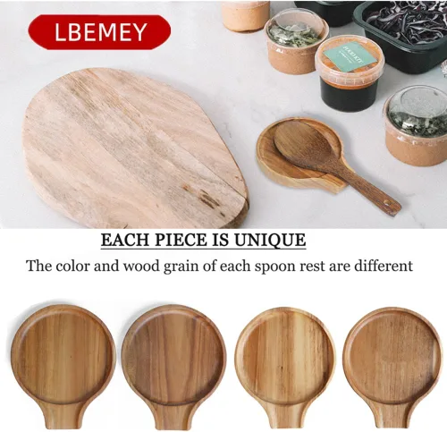 Vista 5 de LBEMEY Soporte para cucharas de madera de acacia para estufa, soporte redondo liso para cuchara de madera para encimera de cocina con pies de Marrón