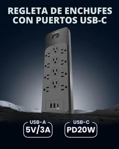 Vista 4 de Regleta protectora de sobretensiones de 5 pies (4080J), protector de sobretensiones negro con 12 tomas, diseño espacioso para enchufes grandes