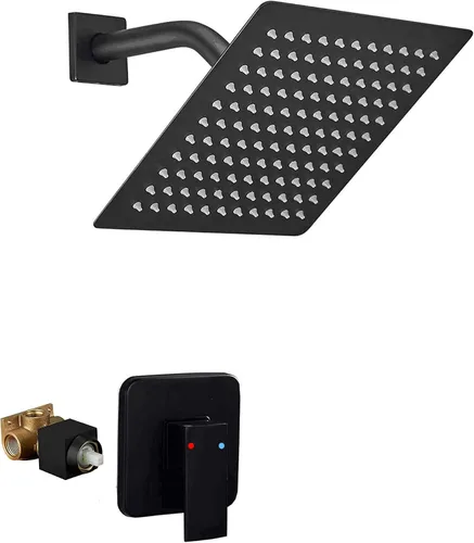 Vista 12 de Cabezal de regadera de color negro mate con una sola función, kit de ajuste de regadera con válvula de paso, sistema completo de llave de regadera