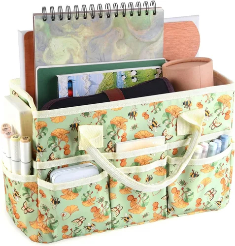 Vista 11 de Bolsa de mano organizadora de manualidades con múltiples bolsillos, gran caddy de almacenamiento de arte con asas para arte, manualidades, costura