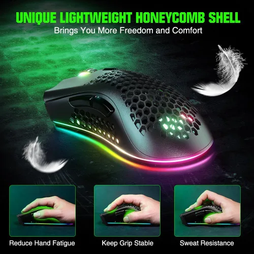 Vista 2 de KM-1 Ratón Gaming, Ratón Inalámbrico Gaming Ratones de Computadora USB con Carcasa de Panal, 6 Botones Programables, 3 DPI Ajustables, Ratón Óptico