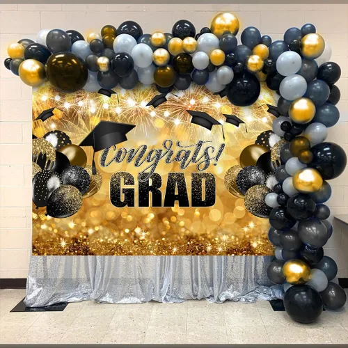 Vista 2 de Avezano Congrats Grad - Telón de fondo negro dorado con purpurina para fiesta de graduación, fondo de fotografía, clase de 2025, celebración, fiesta