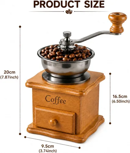 Vista 3 de Molinillo de café manual de madera vintage, molinillo de manivela decorativo retro con rebabas de cerámica, molinillo de granos de café antiguo