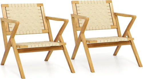 Vista 10 de Tangkula Silla de comedor de madera de teca para exteriores, sillón rústico de madera para patio con asiento y respaldo de cincha, para sala