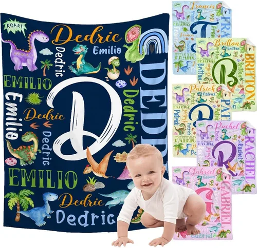 Vista 24 de Manta de regalo personalizada de dinosaurio con nombre para niñas, niños, recién nacidos, dinosaurio, manta personalizada para envolver al bebé