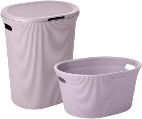 Vista 38 de Superio Colección acanalada - Cesto decorativo de plástico para ropa sucia con tapa y asas recortadas, azul (1 paquete) Organizador de cesta