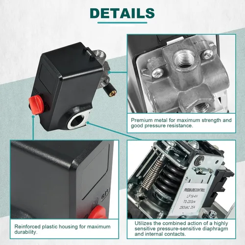 Vista 2 de AUTOBABA Interruptor de Presión Compatible con Condor MDR 11/11 EA 26 AMP 120/240 Voltios 120-155 PSI 4 Puertos con Descarga 220 Voltios 110 Voltios