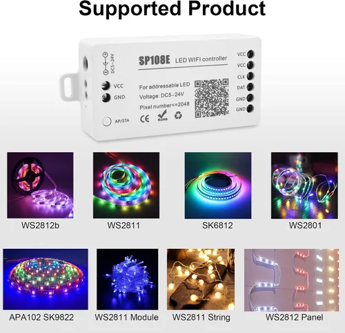 Vista 8 de VIPMOON SP108E controlador WiFi LED, control remoto inalámbrico para WS2811 WS2815 WS2801 SK6812 WS2813 SK9822 APA102C RGB direccionable tira