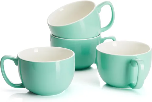 Vista 12 de Teocera Juego de 4 tazas de café color beige, taza de café de cerámica de 16 onzas, juego de tazas grandes con asa para bebidas frías o calientes