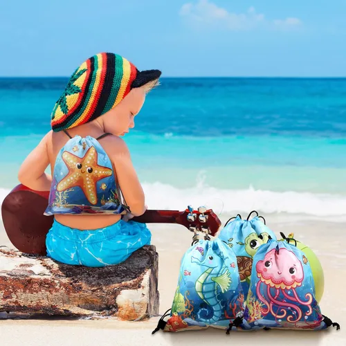 Vista 7 de Frienda 24 bolsas con cordón para recuerdos de fiesta oceánica, bolsas de dulces, mochila bajo el mar con criaturas para niños, suministros