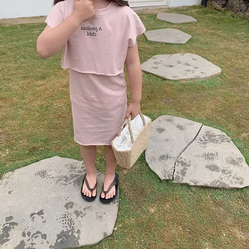 Vista 5 de Ropa de verano para niñas pequeñas, de algodón, de manga corta, monograma, vestido de verano suave y largo