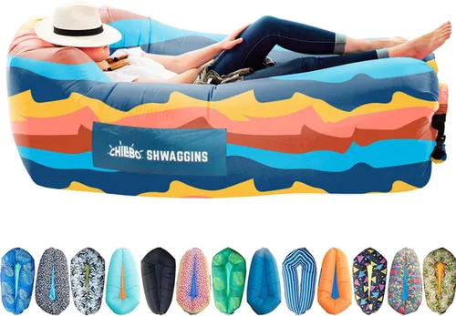 Vista 9 de Chillbo Inflatable Couch – Unique Designs - No-Pump Setup, Ripstop Polyester, Stability Pegs, Fun Prints - Portable Air Inflatable Lounger for