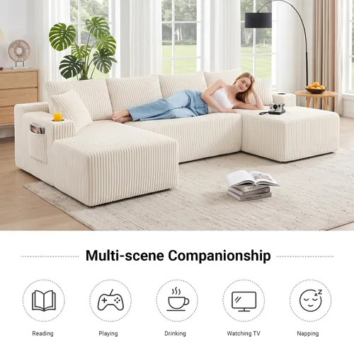 Vista 5 de Sofá cama modular de 124 pulgadas, sofá de nube sin hueso para sala de estar, sofá de 5 asientos en forma de U con 2 bolsillos de almacenamiento y 2
