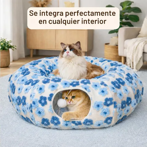 Vista 4 de Meowfia Túnel interior para gatos con cama de rosquilla, gran espacio de juego flexible para múltiples mascotas, forma de círculo o serpiente azul