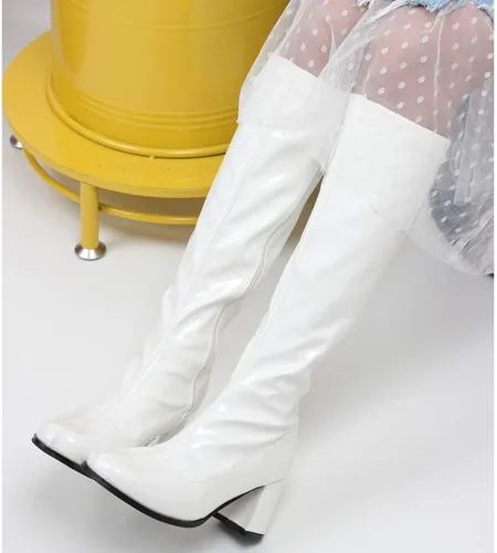 Vista 7 de Botas de charol para mujer, botas altas hasta la rodilla, piel sintética con zíper