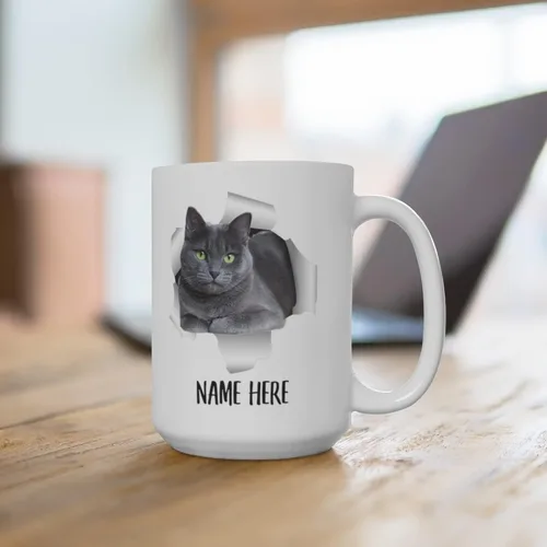 Vista 4 de Taza de café blanca con nombre divertido con nombre, gato azul ruso, azul, gris, texto personalizado, regalo de Navidad, 15 onzas