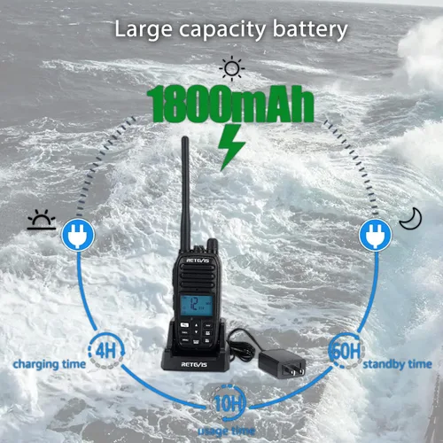 Vista 9 de Retevis RM21 - Radio marina flotante, 1/3/5 W, radio VHF IP67 marina, sumergible, reducción de ruido AI de 1 pulsación, 1800 mAh, 88 canales