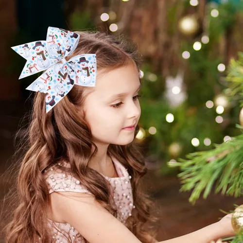Vista 2 de Pajaritas de pelo de animación de Navidad con cinta elástica de grogrén impresa de Navidad de 7 pulgadas, soporte para cola de caballo de muñeco