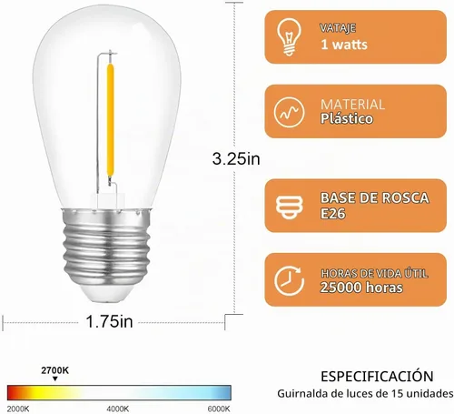 Vista 2 de Visther 2700K S14 Outdoor String Light Replacement Bulbs for Patio, 15-Pack Blanco suave (2700K Soft White)