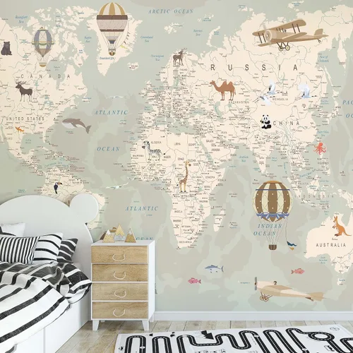 Vista 10 de Papel tapiz de mapa del mundo para niños con animales, calcomanías educativas para despegar y pegar, murales de guardería para bebés, niños