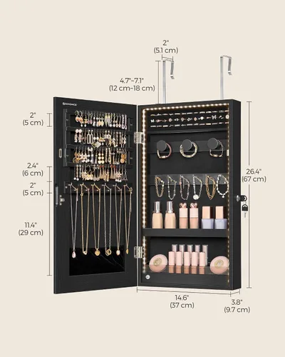 Vista 6 de SONGMICS Armario de joyería con espejo con luces LED integradas, organizador de almacenamiento de joyas montado en la pared o en la puerta, 3.8 x