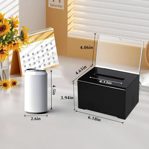 Vista 6 de VOISEN Caja de donación de acrílico con cerradura, frasco con punta negra y soporte para letrero, caja de sugerencias para recaudación de fondos