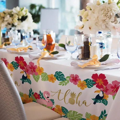 Vista 5 de Suministros para fiesta tropical Luau de flamencos, mantel desechable de plástico impermeable para decoraciones de fiesta de playa hawaiana, 3