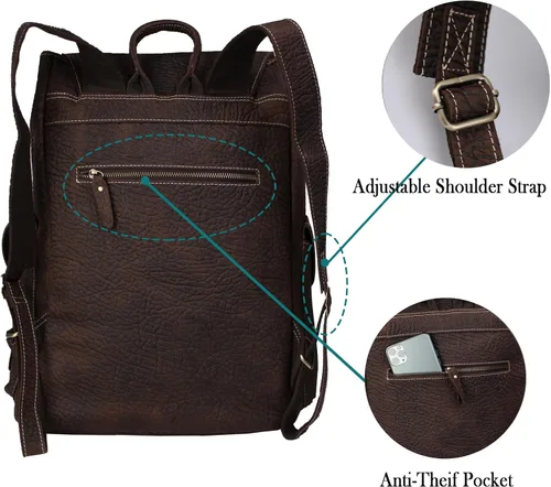 Vista 5 de Mochila retro de cuero genuino para hombre, adecuada para portátiles de 16 pulgadas, para viajes de negocios, mochila diaria, Gris, Mochilas de viaje